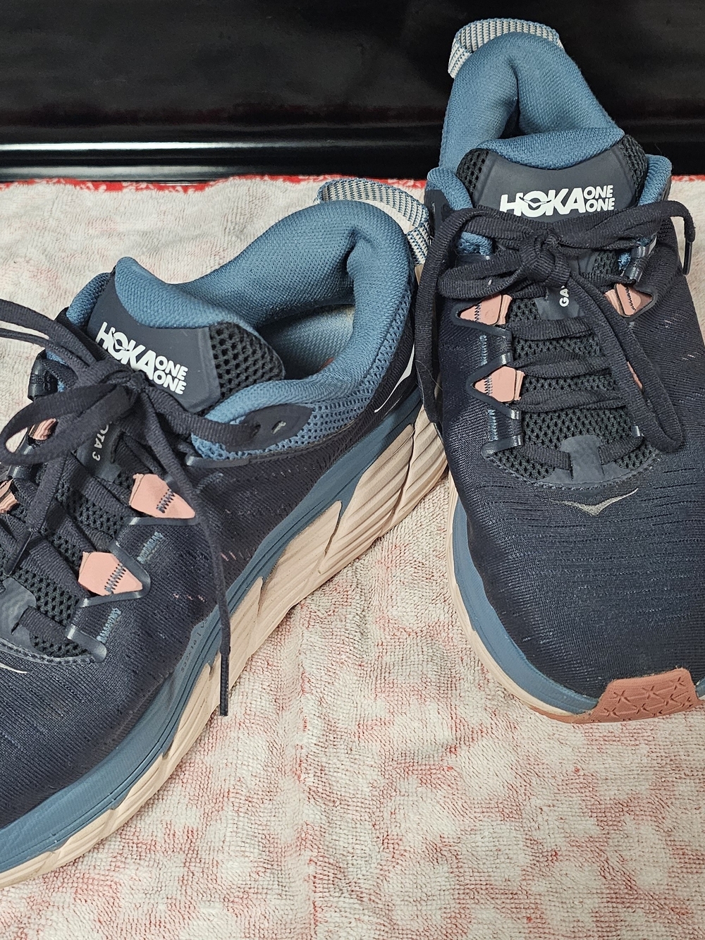 Hoka One One Womens Navy Blue Running Shoes with Pink Accents